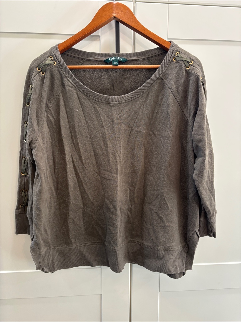 Lauren Ralph Lauren Greenish Grey Lace-Up Sleeve Sweatshirt
